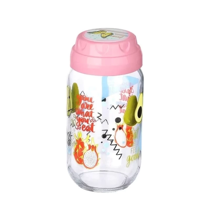 Vintage  Dekoratif  Desenli Cam Kavanoz 1000 Ml - 33,8 Oz - Avokado