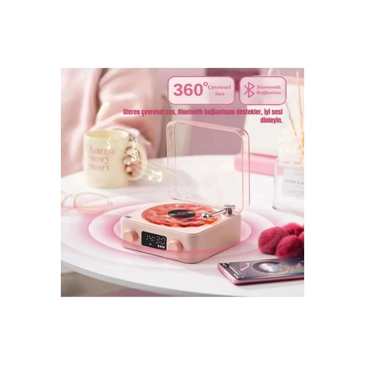 Waves Nostalji Plak Görünümlü Bluetooth Hoparlör 3d Ses Dalgası Retro Müzik Plak Pembe