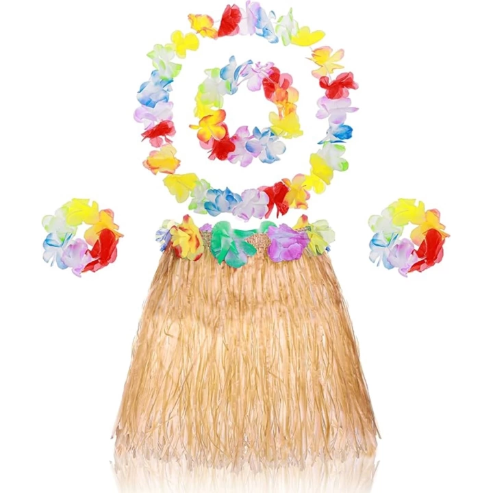 Yetişkin Çocuk Hawaii Parti Seti - 40 Cm Naturel Etek + Çiçek Aksesuarlar (5 Parça)