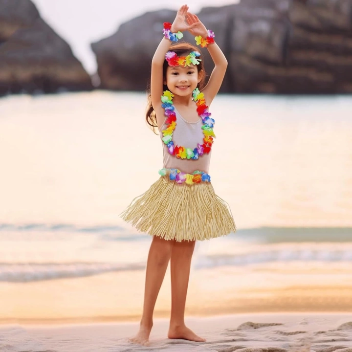 Yetişkin Çocuk Hawaii Parti Seti - 40 Cm Naturel Etek + Çiçek Aksesuarlar (5 Parça)