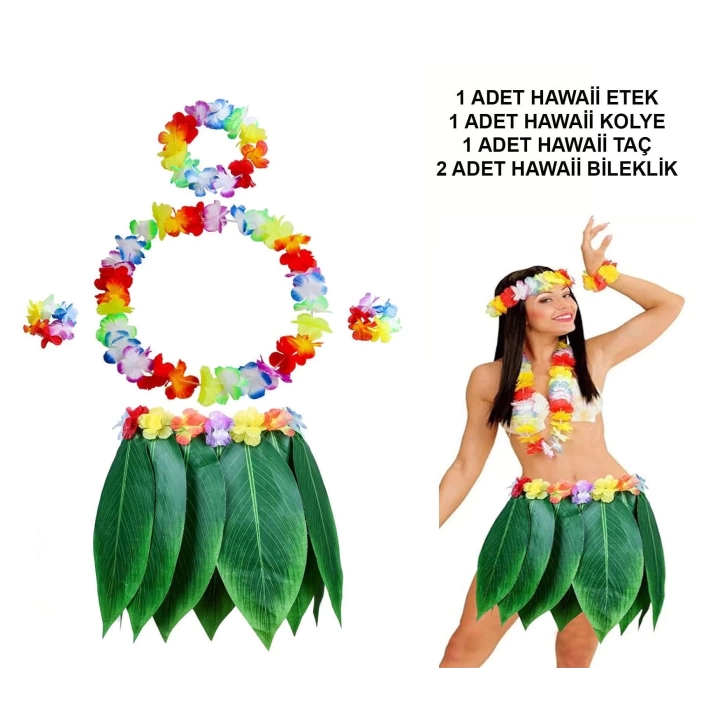 Yetişkin Hawaii Kostüm Seti - Yaprak Etek  Hawaii Set - 5 Parça