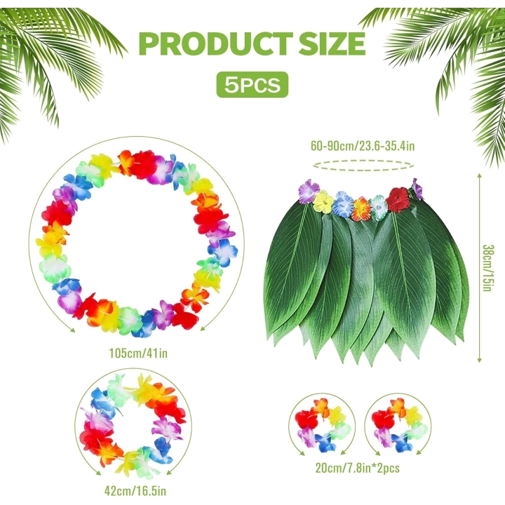 Yetişkin Hawaii Kostüm Seti - Yaprak Etek  Hawaii Set - 5 Parça