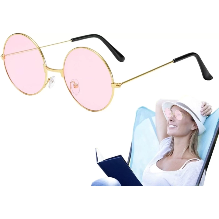 Yulak Cam John Lennon Tarzı Hippi Gold Çerçeveli Pembe Gözlük