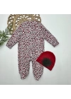0-3-6-9 Ay Leopar Baskılı Tam Boy Çıtçıtlı Patikli Güllü Boneli Kız Bebek Tulumu Bordo