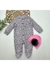 0-3-6-9 Ay Leopar Baskılı Tam Boy Çıtçıtlı Patikli Güllü Boneli Kız Bebek Tulumu Pembe