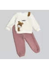 1-2-3 Yaş Hello Zürafa Nakışlı Kuzu Kumaş Sweat Pantolon Uzun Kollu Kız Erkek 2 Li Takımı Gül Kurusu