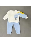 1-2-3 Yaş Minik Dino Kollu Kuzu Kumaş Sweat Pantolon Uzun Kollu Kız Erkek 2 Li Takımı Mavi