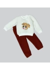 1-2-3 Yaş Mutlu Köpekcik Nakışlı Kuzu Kumaş Sweat Patili Pantolon Uzun Kollu Kız Erkek 2 Li Takımı Bordo