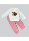 1-2-3 Yaş Mutlu Köpekcik Nakışlı Kuzu Kumaş Sweat Patili Pantolon Uzun Kollu Kız Erkek 2 Li Takımı Gül Kurusu