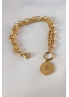 316L Çelik Gold Renk 2li Zincir Model Çeyrek Altınlı Kadın Bileklik - TJ-BB5452