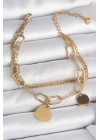 316L Çelik Gold Renk 2Li Zincir Model Sallantı Kalp Figür Kadın Bileklik - TJ-BB6953