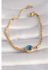 316L Çelik Gold Renk Burgu Zincir Nazar Boncuk Model Kadın Bileklik - TJ-BB5995
