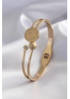 316L Çelik Gold Renk Çeyrk Altın Zirkon Taş Detay Kadın Kelepçe - TJ-BB5152