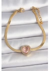 316L Çelik Gold Renk İtalyan Zincir Pembe Zirkon Taşlı Kalp Model Kadın Bileklik - TJ-BB6952