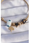 316L Çelik Gold Renk Siyah Zirkon Taşlı Yıldız Tasarımlı Ağaç Detay Nazarlı Charm Bileklik - TJ-BB6197
