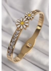316L Çelik Gold Renk Zirkon Taşlı Papatya Model Kadın Kelepçe - TJ-BB6781
