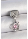 316L Çelik Gümüş Renk Pembe Zirkon Taşlı Kalpli Gül Model Nomination Charm - TJ-BC1335