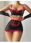 5 parça Kırmızı Siyah Dantel Çiçek Desen Hizmetçi Model Özel Fantazi Tanga Hediyeli