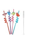 5 Parça Renkli Pipet Seti - Emojili Spiral Kokteyl- Çocuk Pipeti Temizleme Fırçalı