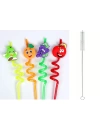 5 Parça Renkli Pipet Seti - Emojili Spiral Kokteyl- Çocuk Pipeti Temizleme Fırçalı