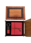 Ahşap Kutulu Kırmızı Deri Defter Ve Anahtarlık Set