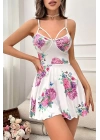 Beyaz Pırıltı Çiçekli Askılı Mini Gecelik 15626