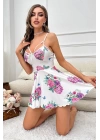 Beyaz Pırıltı Çiçekli Askılı Mini Gecelik 15626