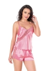 Beruflic  Koyu Pembe Saten Babydoll Şort Takımı