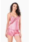 Beruflic  Koyu Pembe Saten Babydoll Şort Takımı