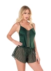 Beruflic  Koyu Yeşil Saten Babydoll Şort Takımı