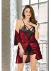 Bordo Kadife Dantelli Sabahlık & Gecelik Takım 2 Li - 1392