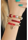 Bordo Kırmızı Boncuklu Bayan Bileklik - TJ-BB2650-KS