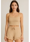 Crop Takım - Askılı Crop Takım Likralı Bej (s)