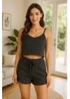 Crop Takım - Askılı Crop Takım Likralı Siyah (xl)