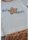 3-6 6-9 9-12 Ay Full Star Nakışlı Şapkalı Uzun Kollu Sweat 3lü Erkek Bebek Takımı Buğday