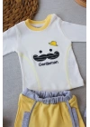 3-6 6-9 9-12 Ay Gentleman Erkek Nakışlı Şapkalı Uzun Kollu Sweat 3lü Erkek Bebek Takımı Sarı