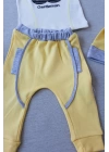 3-6 6-9 9-12 Ay Gentleman Erkek Nakışlı Şapkalı Uzun Kollu Sweat 3lü Erkek Bebek Takımı Sarı