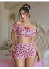 Kadın Pembe Çilek Desenli Sexy Kostüm
