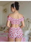 Kadın Pembe Çilek Desenli Sexy Kostüm
