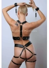 Kelepçeli Deri Fantezi Giyim, Deri Kadın İç Giyim, Bayan İç Giyim Deri Harness Set - Apft1016