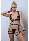 Kelepçeli Deri Fantezi Giyim, Deri Kadın İç Giyim, Bayan İç Giyim Deri Harness Set - Apft1016