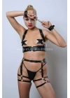 Kelepçeli Deri Fantezi Giyim, Deri Kadın İç Giyim, Bayan İç Giyim Deri Harness Set - Apft1016