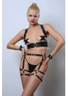 Kelepçeli Deri Fantezi Giyim, Deri Kadın İç Giyim, Bayan İç Giyim Deri Harness Set - Apft1016