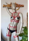 Kırmızı Deri Göğüs Üzeri Harness Ve Jartiyer Harness