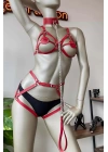 Kırmızı Deri Tasma Detaylı Şık Harness Takım