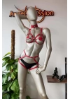 Kırmızı Deri Tasma Detaylı Şık Harness Takım