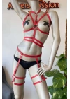 Kırmızı Fantezi Deri Jartiyer Harness Takım