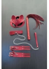 Kırmızı Fantezi Set, Kırbaç - Kelepçe - Tasma - Maske Takım - Brf1246