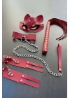 Kırmızı Fantezi Set, Kırbaç - Kelepçe - Tasma - Maske Takım - Brf1246