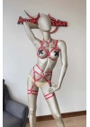 Kırmızı Seksi Elastik Jartiyer Harness Takım